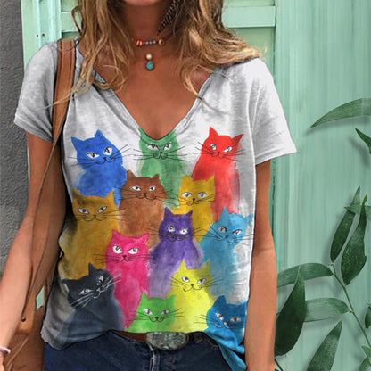 Cross-Border 3D Printed Loose V-Neck T-shirt for Women