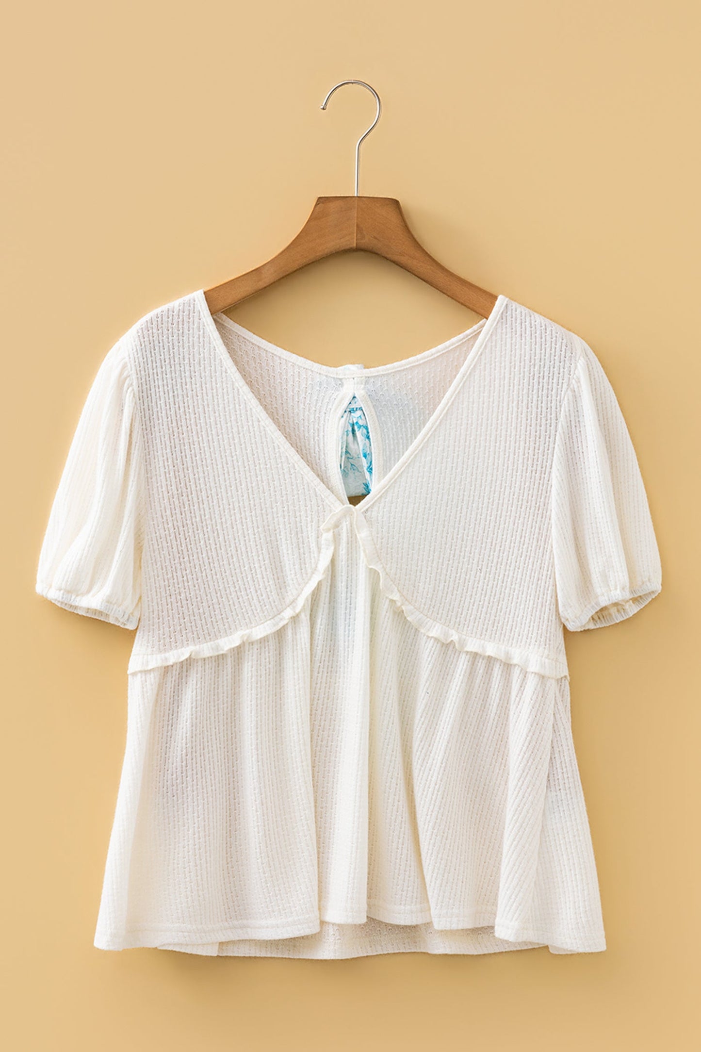 Textured Knit V-Neck Bubble Sleeve Peplum Top
