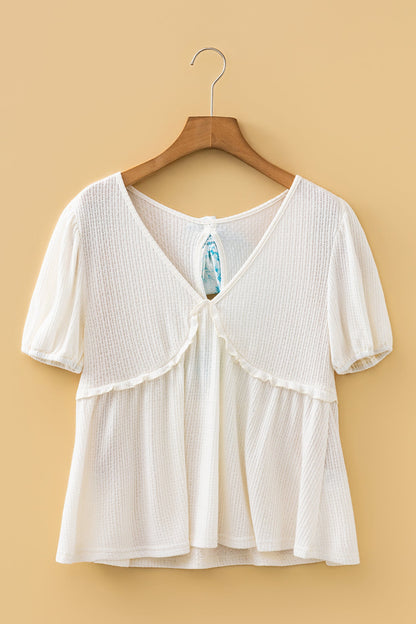 Textured Knit V-Neck Bubble Sleeve Peplum Top