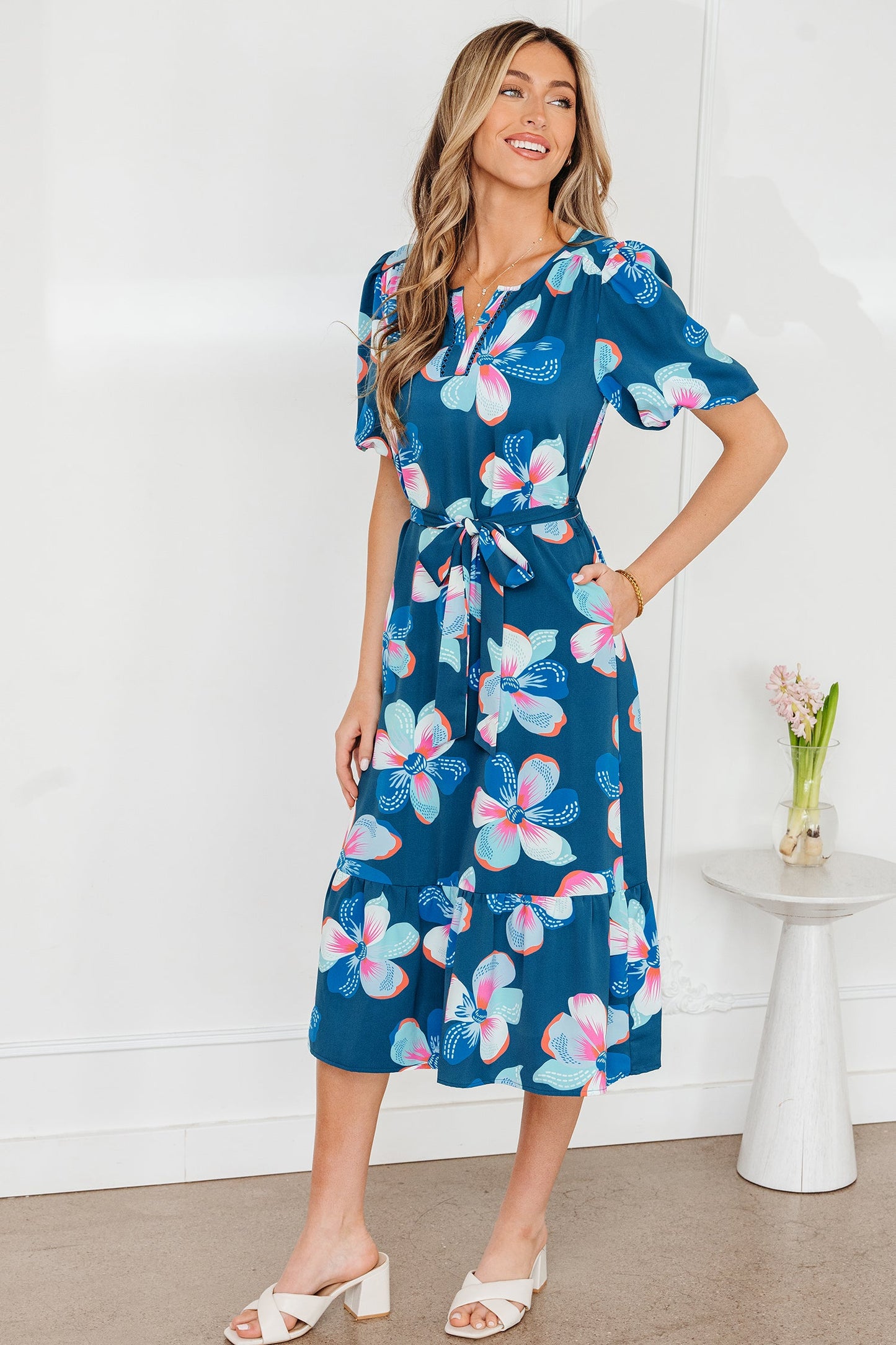 Floral Short Puff Sleeve Ruffle Belted Dress