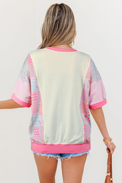 Floral Colorblock Patchwork Big Flower Accent Top