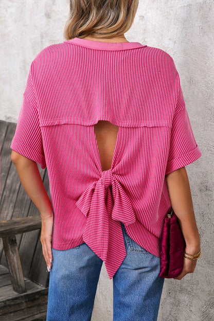 Spiral Ribbed Cutout Bow Knot Back T-Shirt