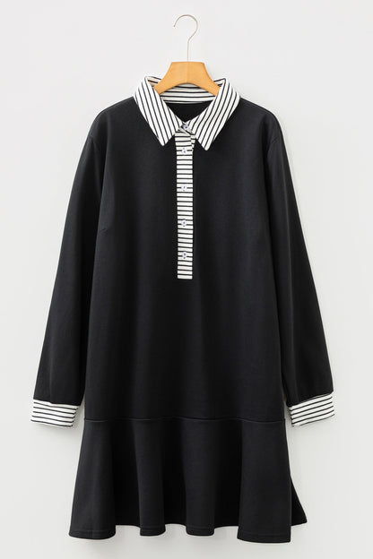 Plus Size Stripe Cuffs Collared Ruffle Hem Dress