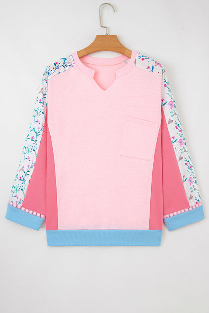 Floral Colorblock Patchwork Chest Pocket Long Sleeve Top