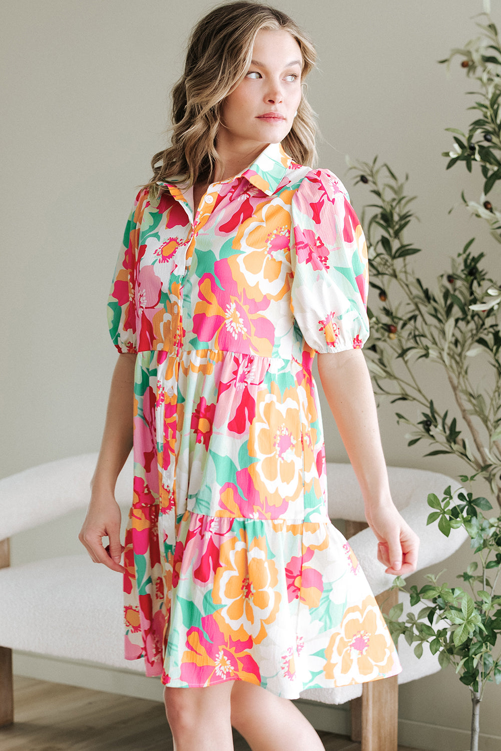 Floral Puff Sleeve Buttoned Collar Babydoll Dress