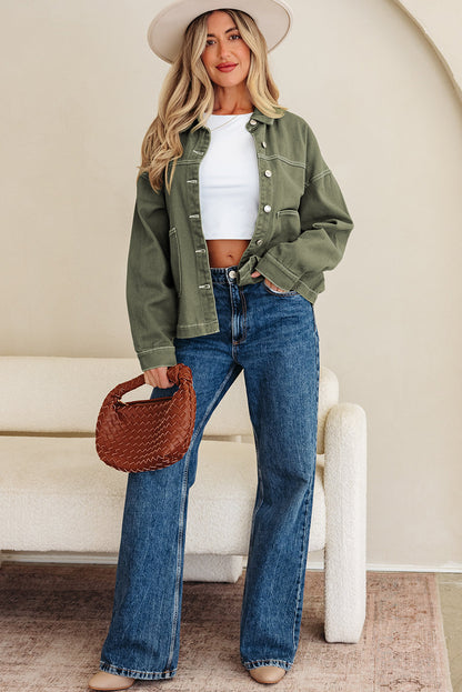 Denim Button-Up Patch Pocket Collared Jacket