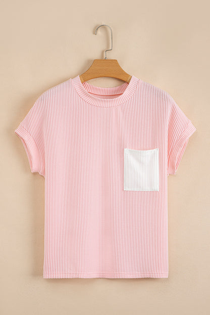 Corded Knit Colorblock Pocketed Crew Neck T-Shirt