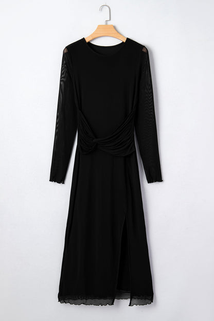 Sheer Mesh Twisted Knot Side Slit Dress