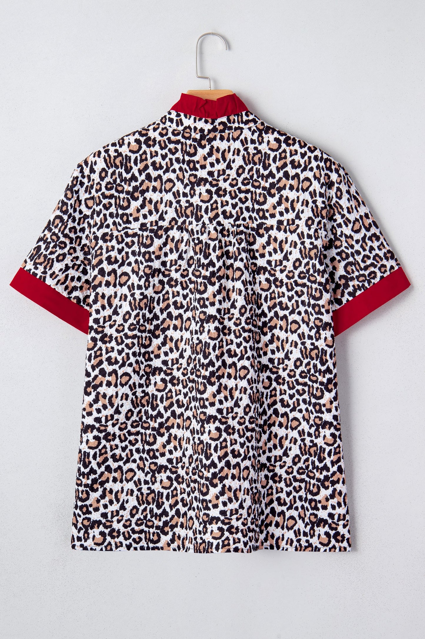 Leopard Contrast Frill V-Neck Trim Shirt