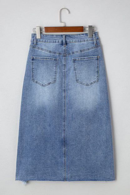 Denim Distressed Midi Skirt