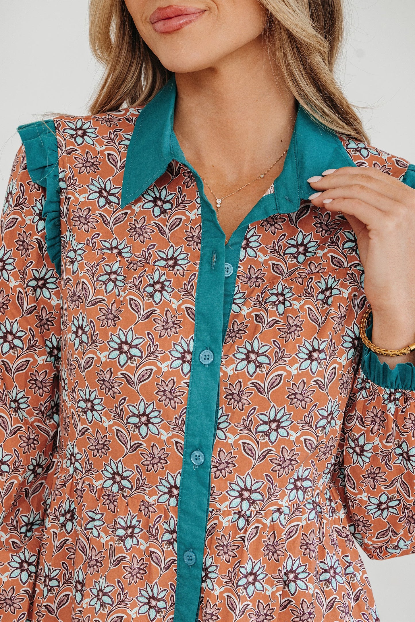 Floral Boho Contrast Collar Shirt Mini Dress