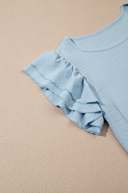 Solid Ruffle Short Sleeve Casual Blouse