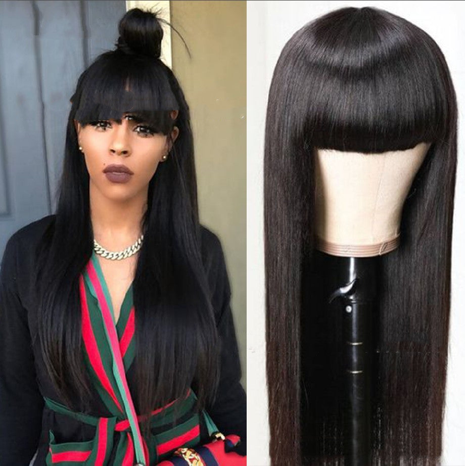Black Long Straight Wig with Qi Bangs