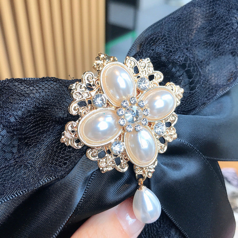 Lace Big Bow Rhinestone Pearl Streamer Brooch