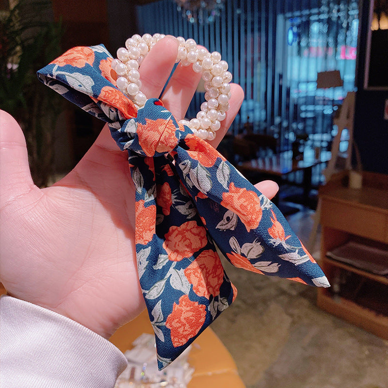 Floral Bow Hair Ribbon: Pearl Hair Tie Accessory