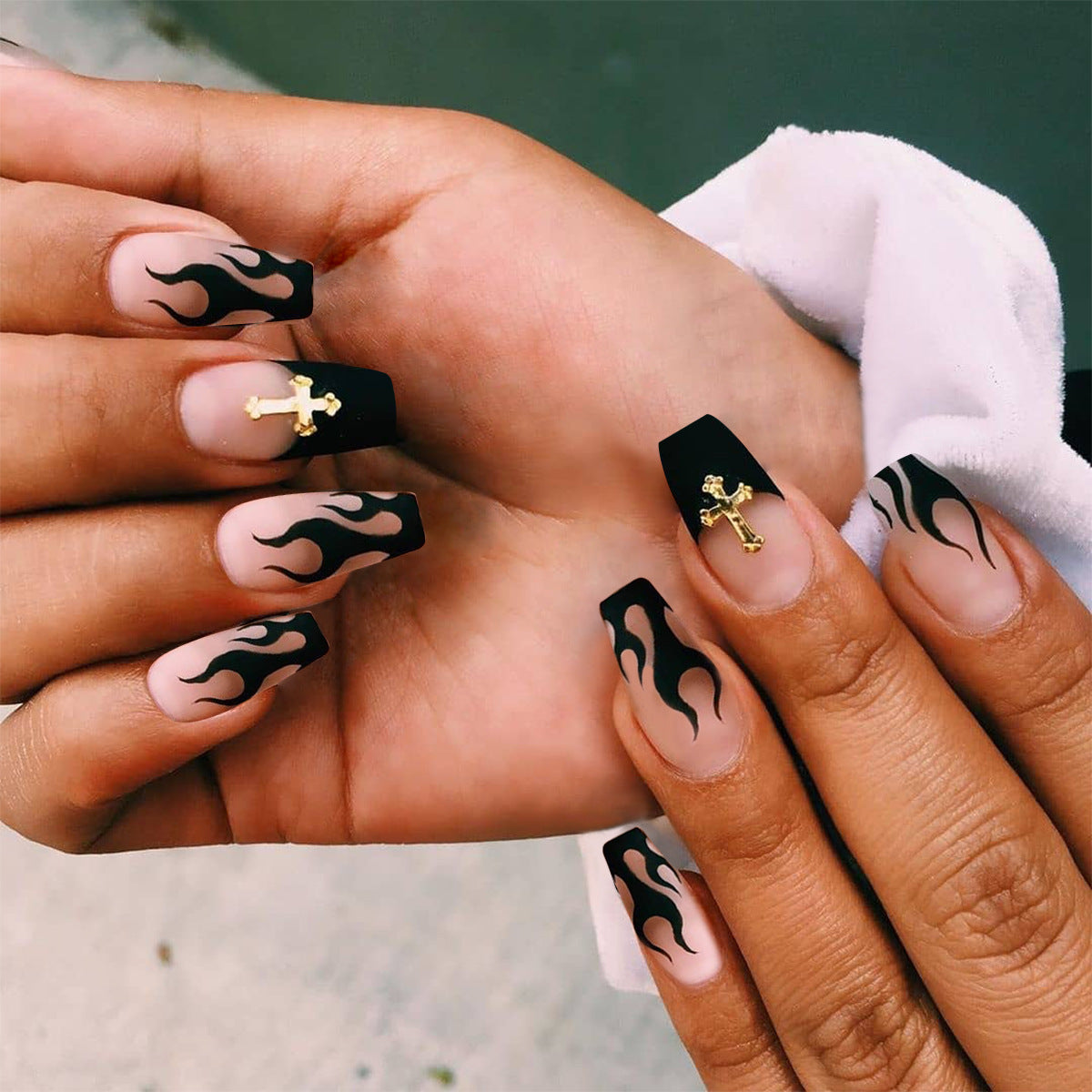 Black Flame French Nail Patch Waterproof