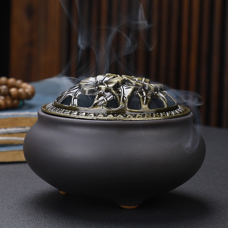 Copper Lid Ceramic Incense Burner, Antique Alloy