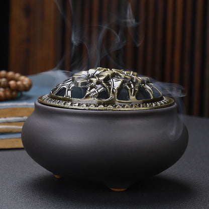 Copper Lid Ceramic Incense Burner, Antique Alloy