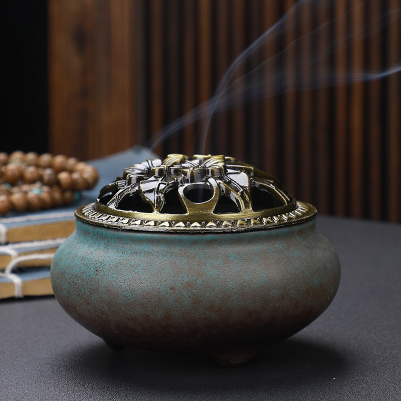 Copper Lid Ceramic Incense Burner, Antique Alloy
