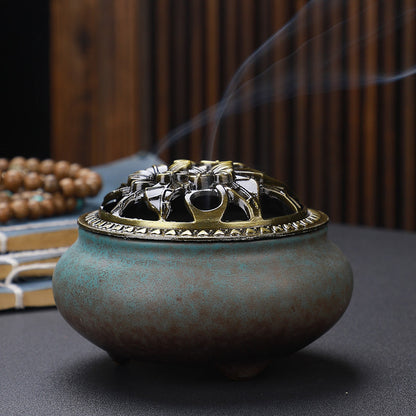 Copper Lid Ceramic Incense Burner, Antique Alloy