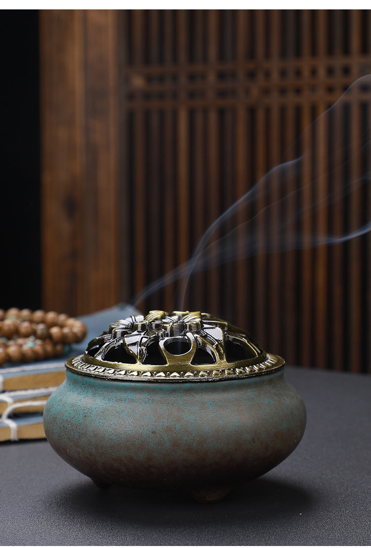 Copper Lid Ceramic Incense Burner, Antique Alloy