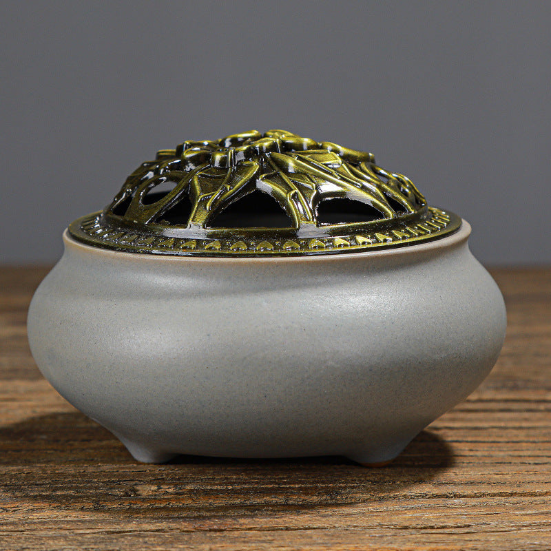 Copper Lid Ceramic Incense Burner, Antique Alloy