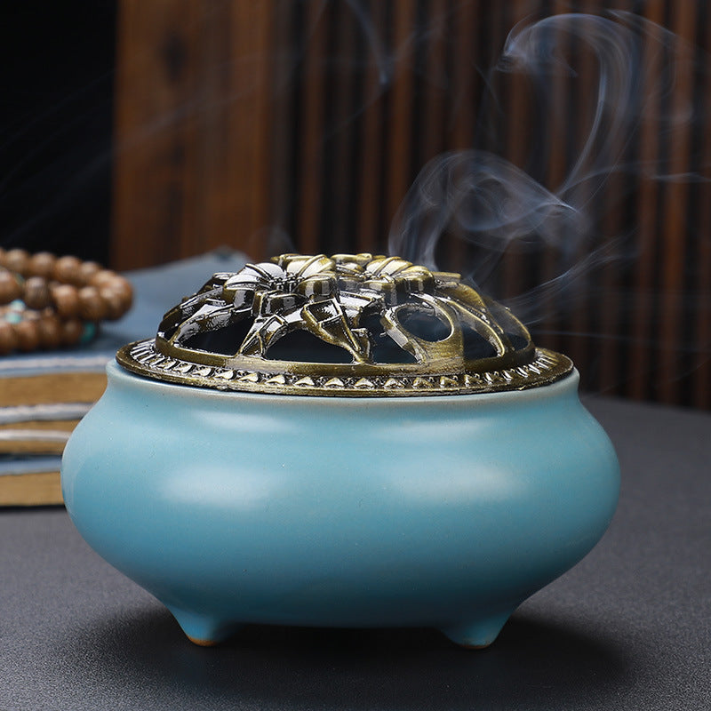 Copper Lid Ceramic Incense Burner, Antique Alloy