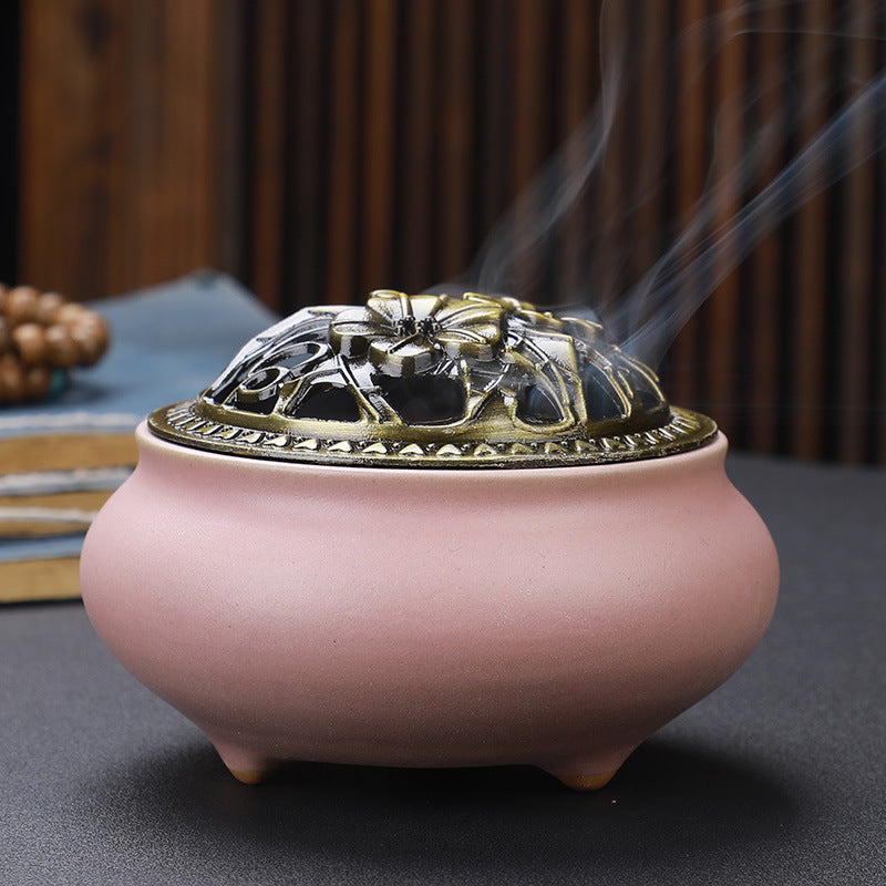 Copper Lid Ceramic Incense Burner, Antique Alloy
