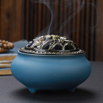 Copper Lid Ceramic Incense Burner, Antique Alloy