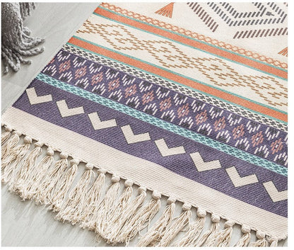 Hand Woven Cotton Linen Bohemian Rug Long Geometric Floor Accessory