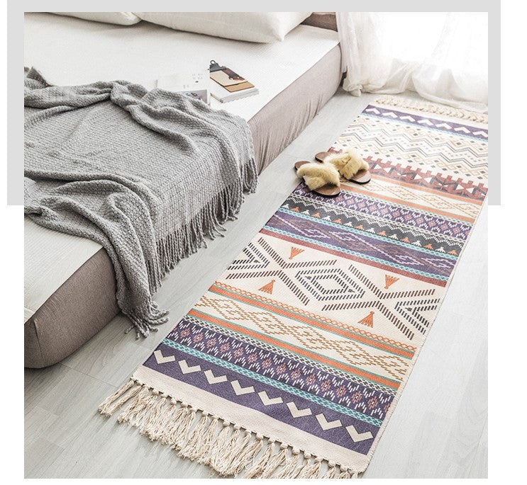 Hand Woven Cotton Linen Bohemian Rug Long Geometric Floor Accessory