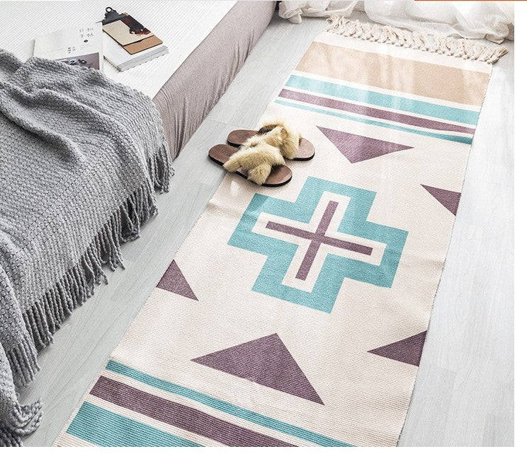 Hand Woven Cotton Linen Bohemian Rug Long Geometric Floor Accessory