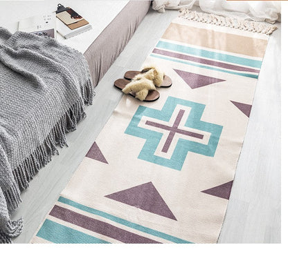 Hand Woven Cotton Linen Bohemian Rug Long Geometric Floor Accessory