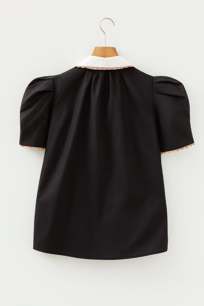 Ricrac Trim Shirt Collar Short Sleeve Blouse