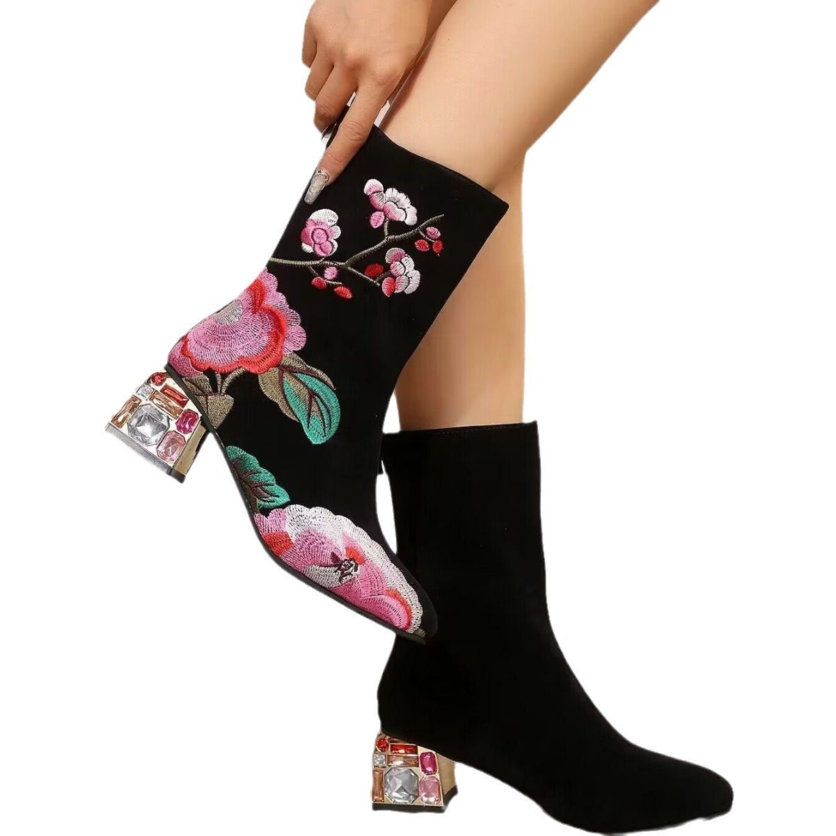 Flower Embroidered Mid-Calf Boots