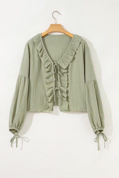 Solid Tie Front V-Neck Ruffle Trim Blouse
