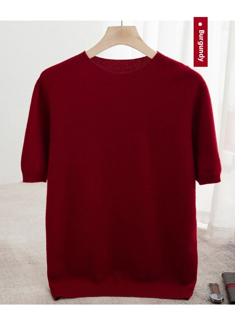 Knitted Short Sleeve Pure Wool Sweater Men's Round Neck