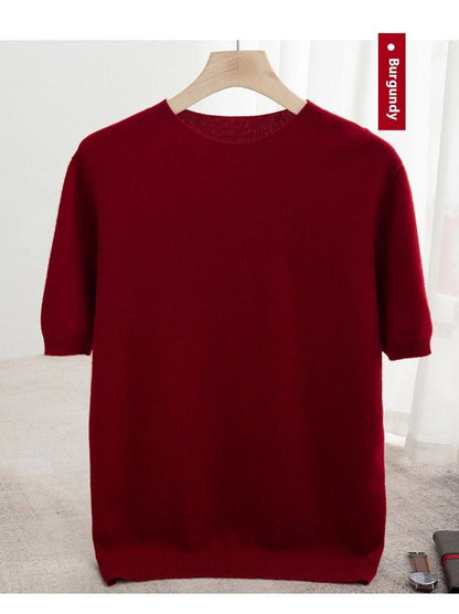 Knitted Short Sleeve Pure Wool Sweater Men's Round Neck