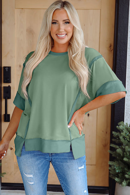 3/4 Sleeve Raw Seam High-Low Side Top
