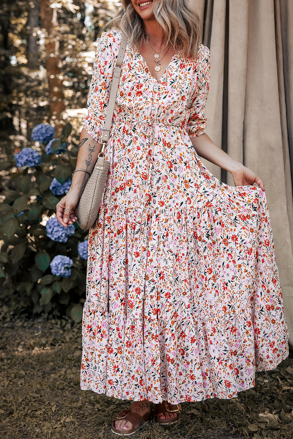 Floral Boho Half Sleeve V‑Neck Maxi Dress