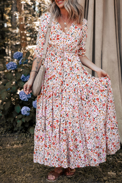 Floral Boho Half Sleeve V‑Neck Maxi Dress