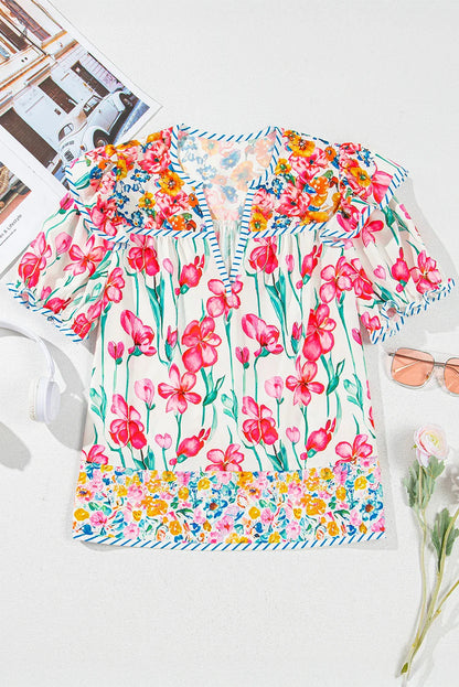 Floral Stripe Detail Split Neck Short Sleeve Blouse