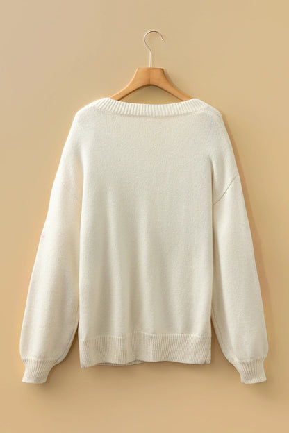 Floral Embroider Sleeve Round Neck Loose Sweater