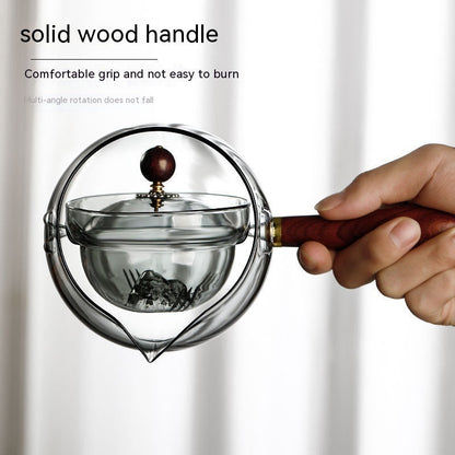 Rotary Glass Teapot with Infuser and Wooden Handle