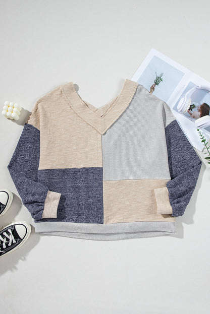 Plus Size Textured Patchwork Long Sleeve V-Neck Top