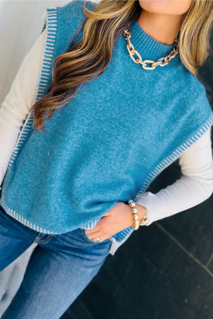 Contrast Stitch Trim Knot Side Mock Neck Vest