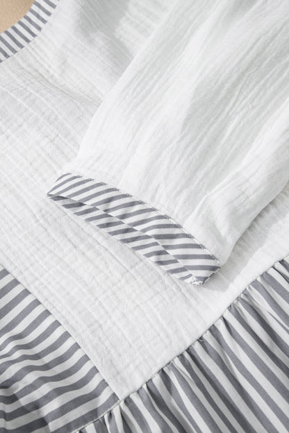 Stripe Half Button Gauze Patchwork Babydoll Blouse