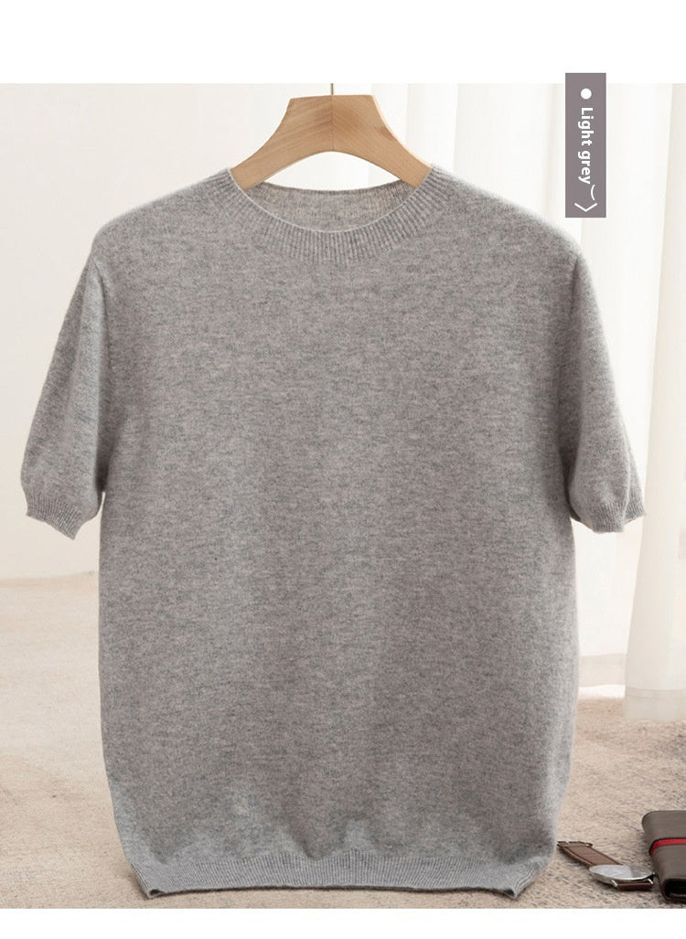 Knitted Short Sleeve Pure Wool Sweater Men's Round Neck