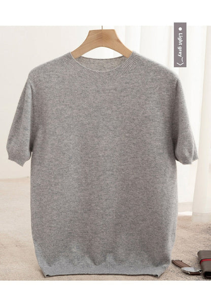 Knitted Short Sleeve Pure Wool Sweater Men's Round Neck