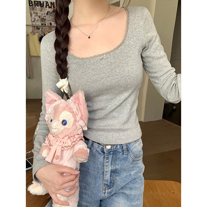 Lace Floral Shoulder Long Sleeve Slim-fit Crop Top